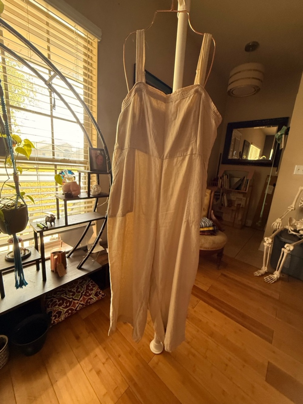 Navy Cream Linen-Blend Smocked Bodice Jumpsuit